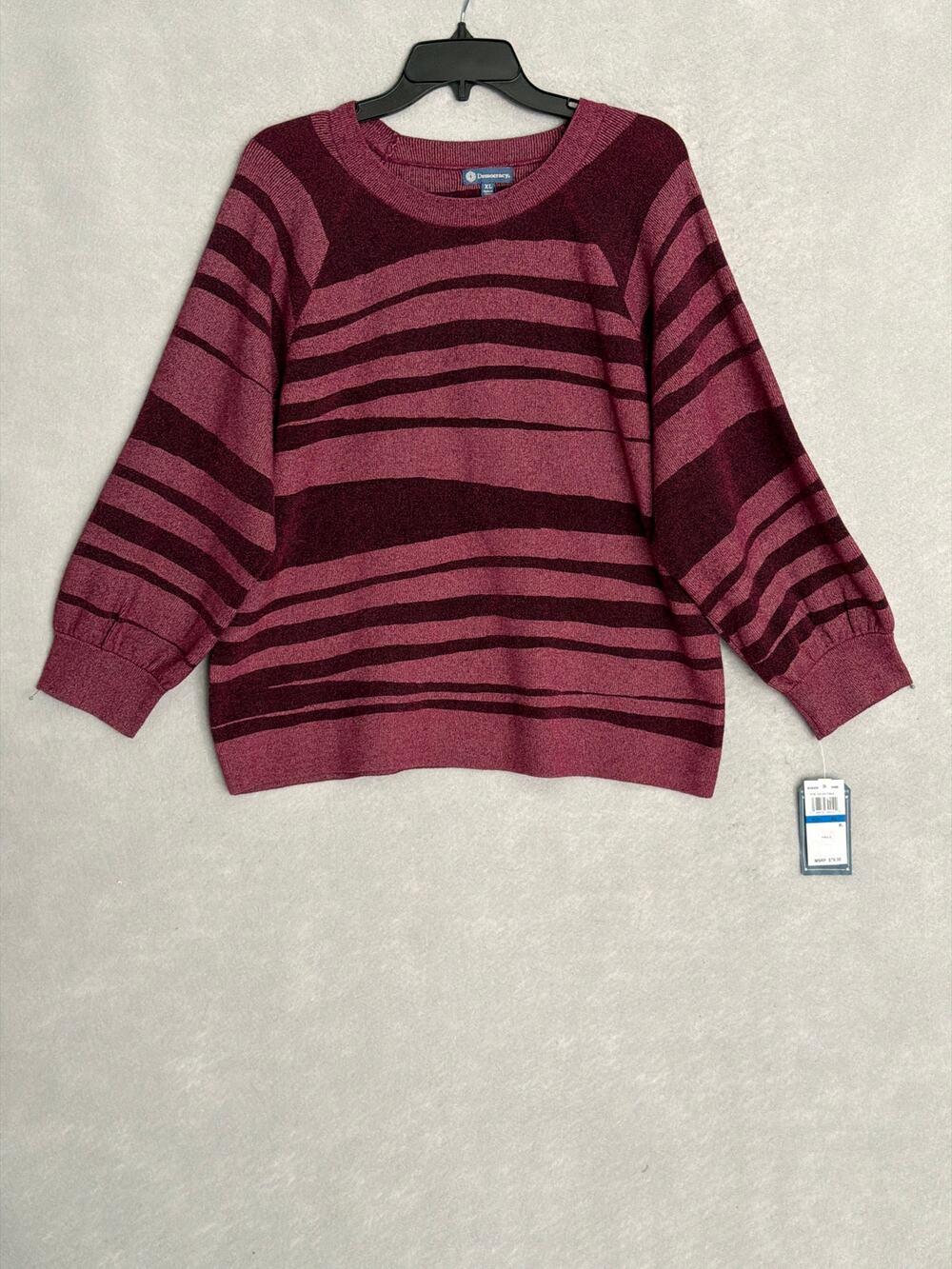 Democracy Stripe Sweater Blouson Raglan Sleeve Burgandy Women's XL NEW